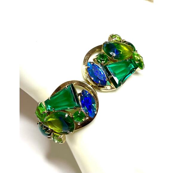 Julianna Bracelet & Clip Earrings Givre Blue Green Gold Hinged Bangle S15 - Picture 2 of 12